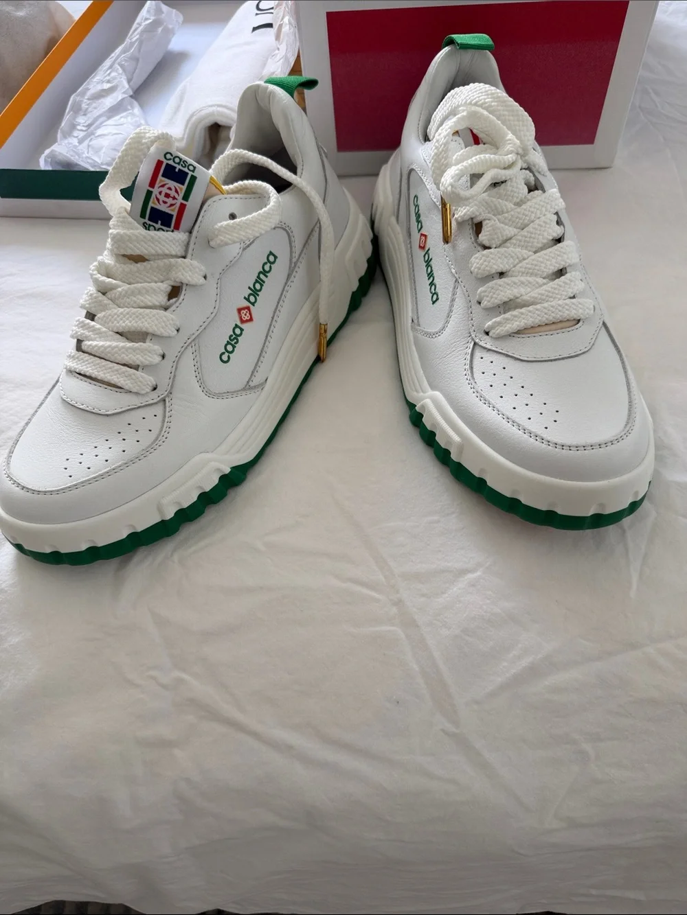Casa Bianca Women's White Leather Sneakers with Green Sole